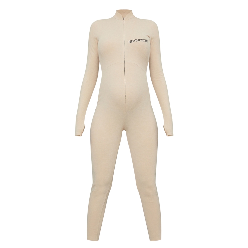 PrettyLittleThing Maternity Ribbed Zip Front Long Sleeve Jumpsuit Beige US 10 - Picture 5 of 12